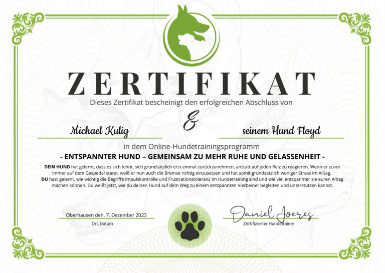 Zertifikat Entspannter Hund Michael Kulig Gesunder Napf